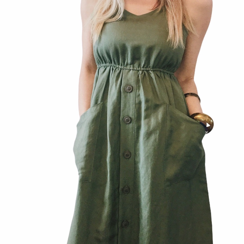 NWT THEKORNER Khaki Green Linen Long Blend Dress